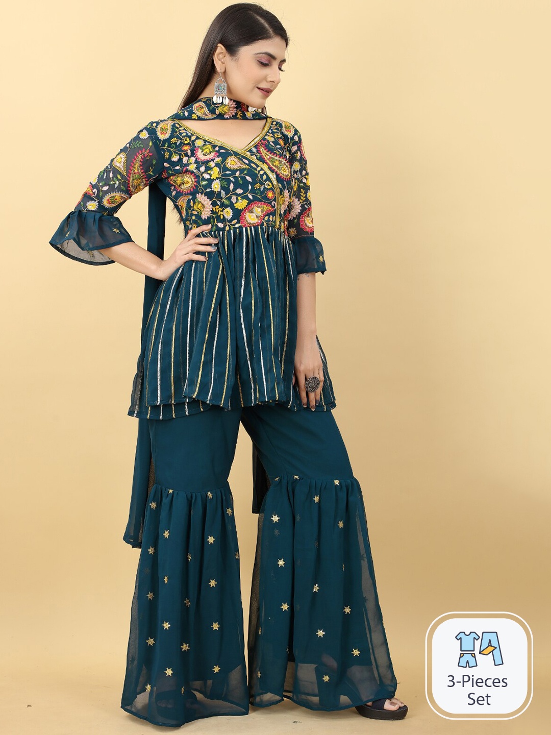 

Angroop Floral Embroidered Thread Work A-Line Kurti & Sharara With Dupatta, Teal