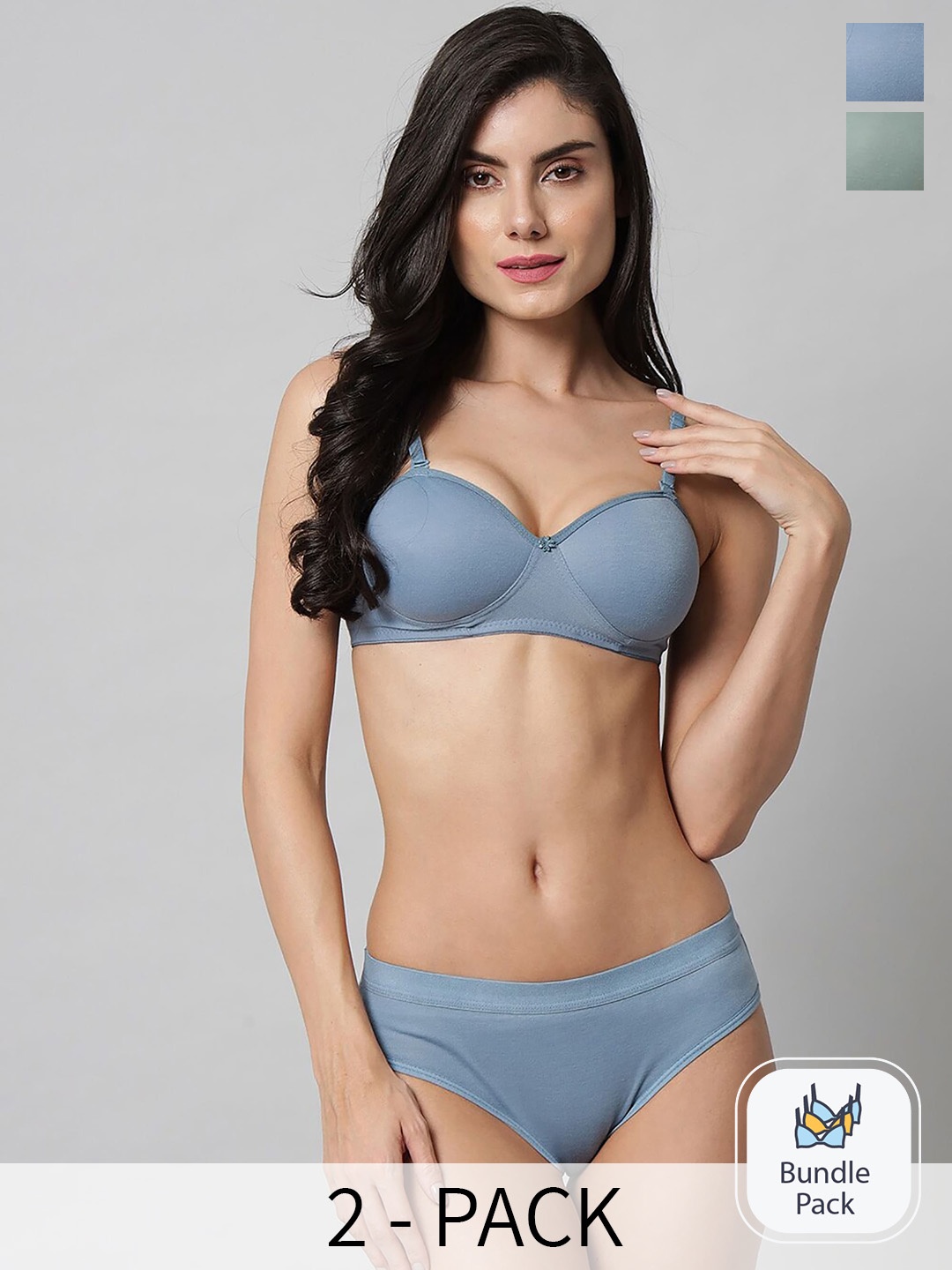 AROUSY Pack Of 2 Cotton Lingerie Set Sq_Demi Set_Green,Blue_30