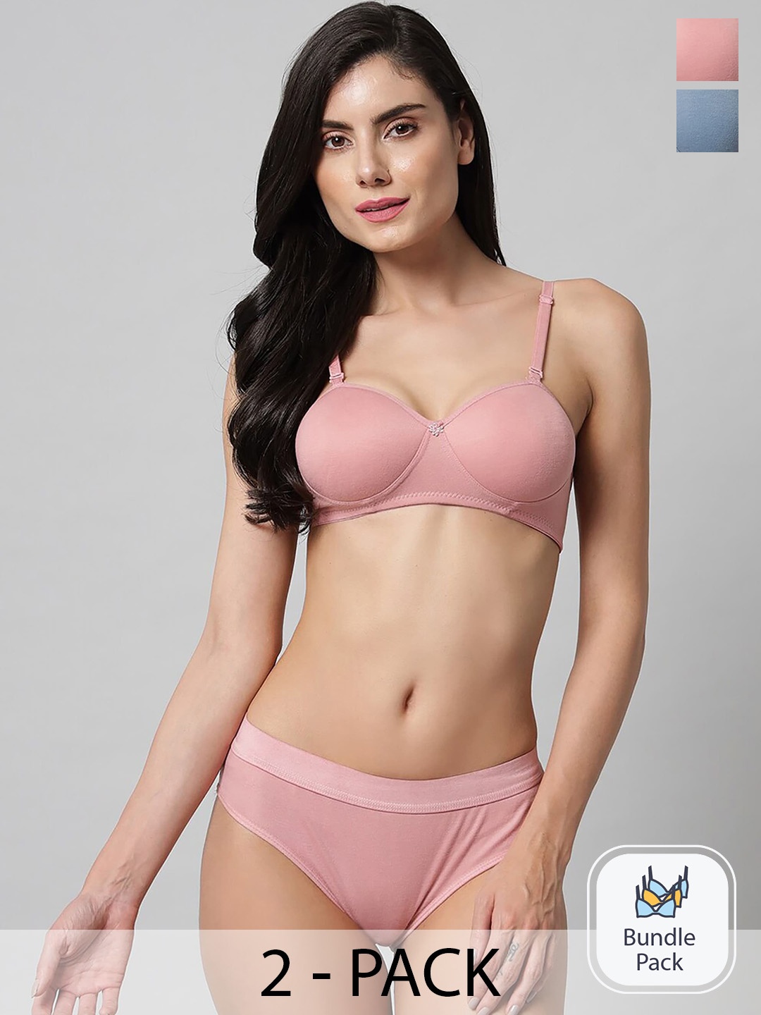 

AROUSY Pack Of 2 Cotton Lingerie Set Sq_Demi Set_Blue,Pink_30