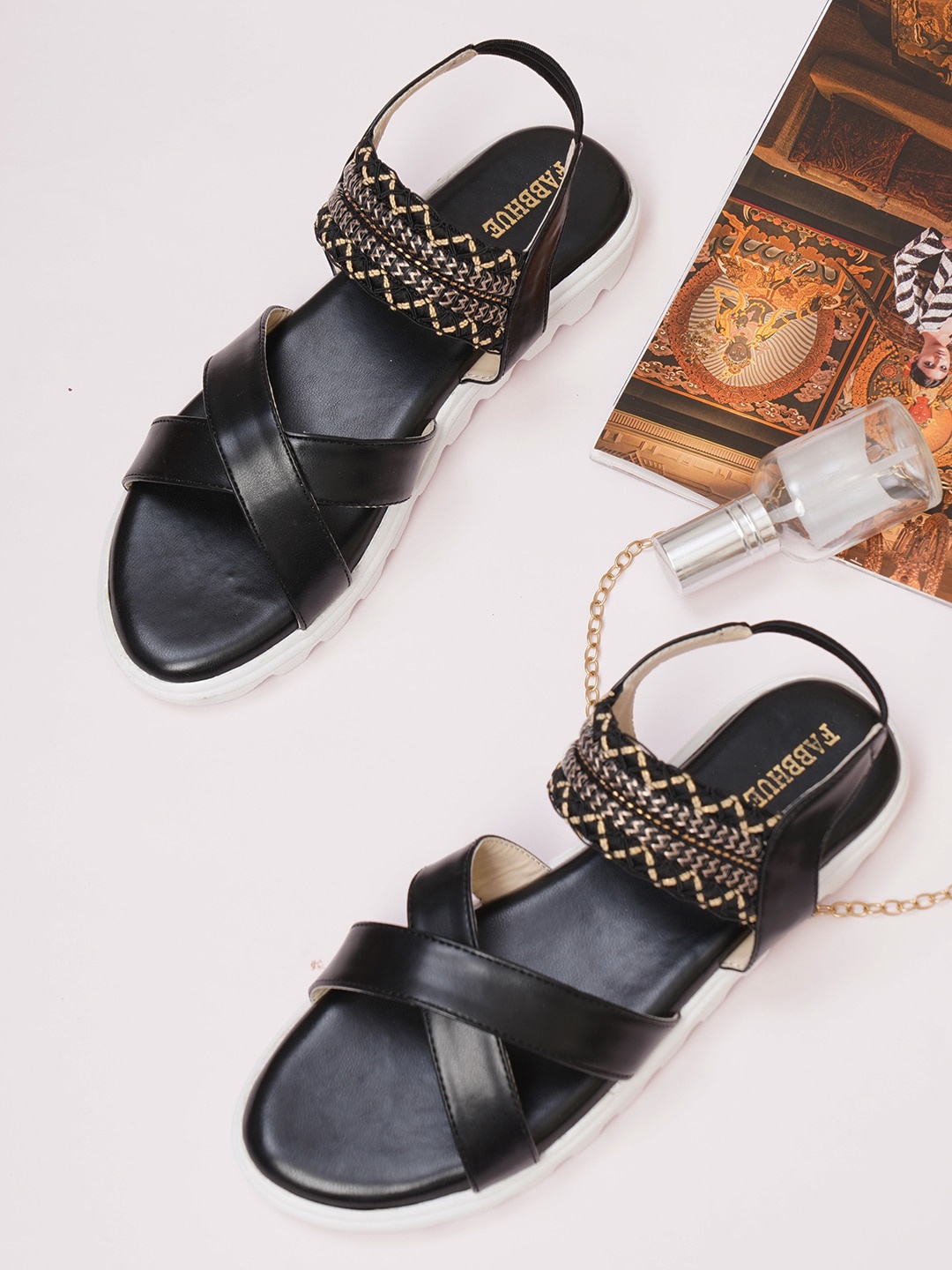 

FABBHUE Woven Design Open Toe Flats With Back Strap, White