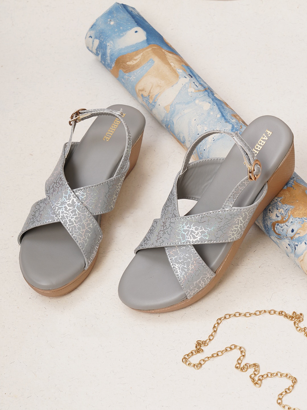 

FABBHUE Printed Cross Strap Open Toe Wedges With Backstrap, Grey