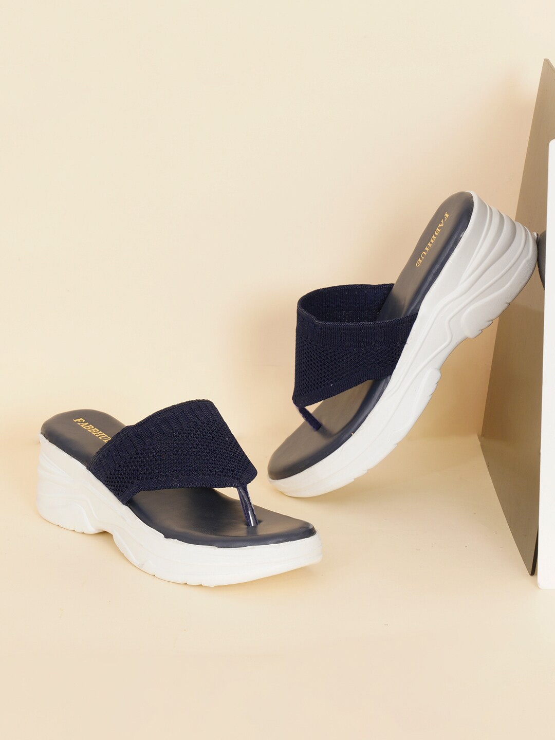 

FABBHUE Textured Open Toe Wedges, Navy blue