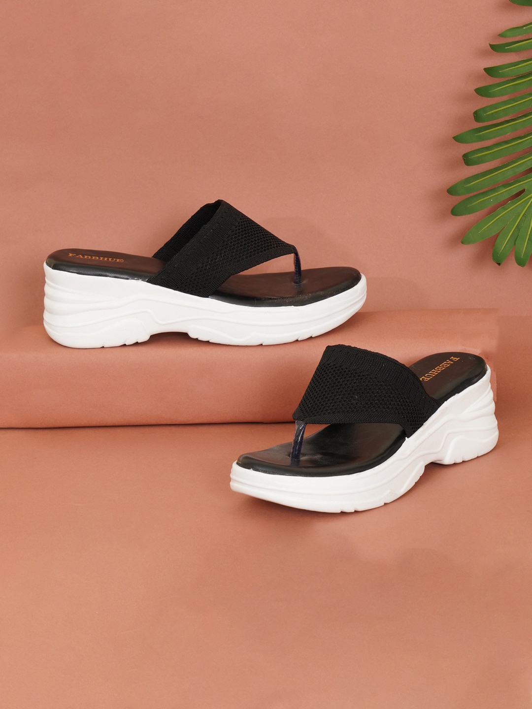 

FABBHUE Woven Design Open Toe Wedge Heels, Black