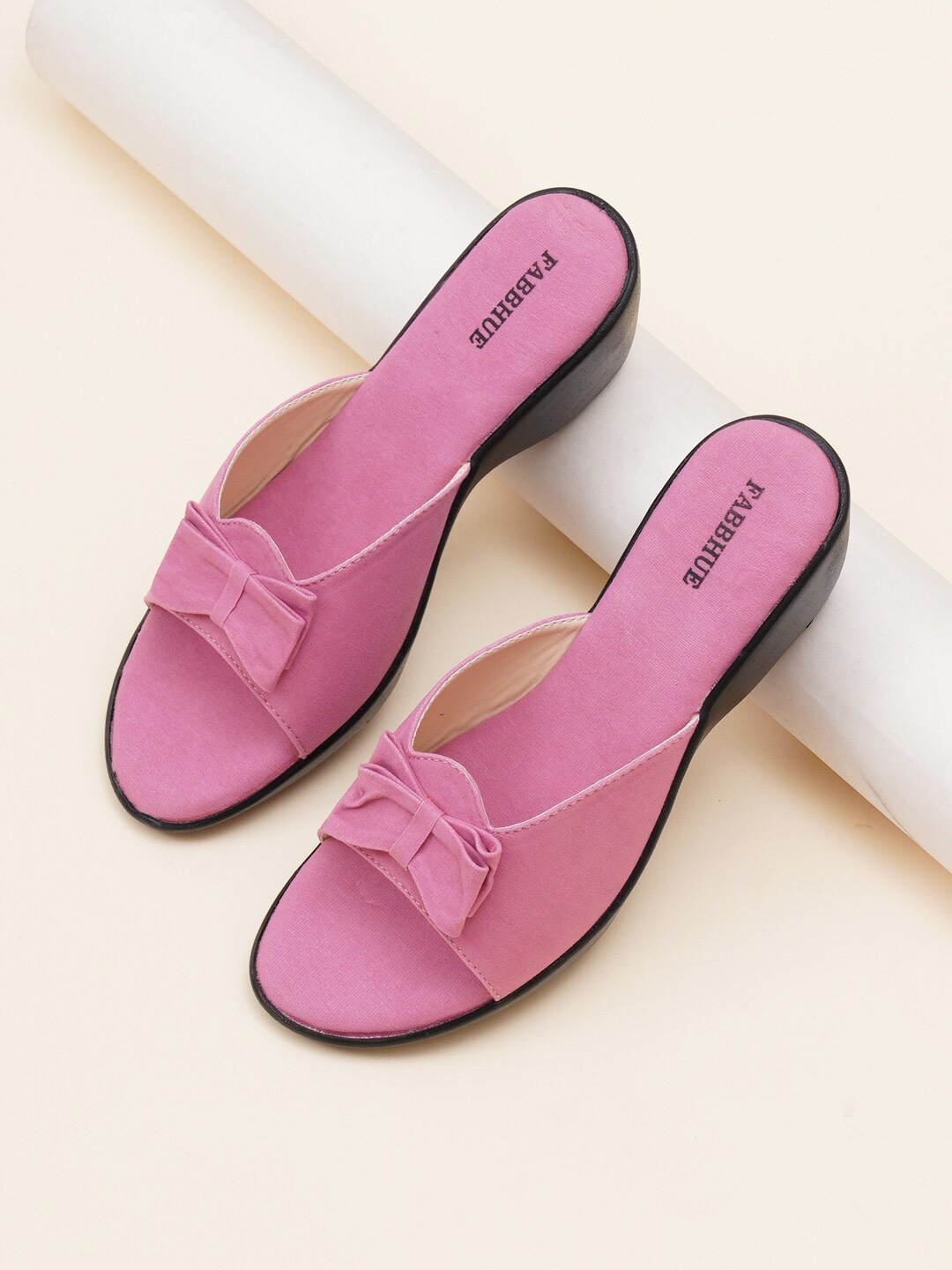 

FABBHUE Open Toe Suede Wedge Heels With Bow, Pink