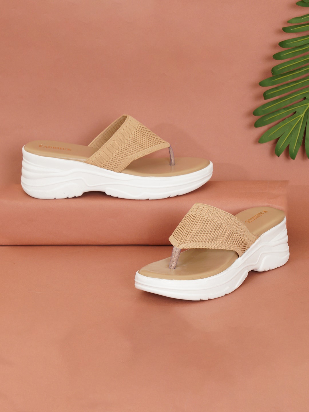 

FABBHUE Woven Design Open Toe Wedge Heels, Beige