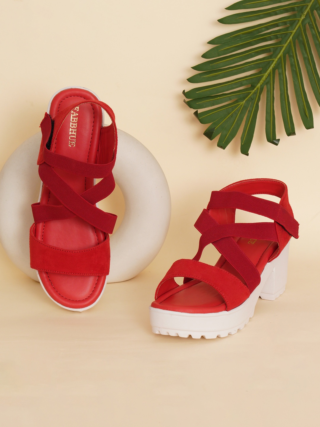 

FABBHUE Open Toe Platform Heels With Backstrap, Red