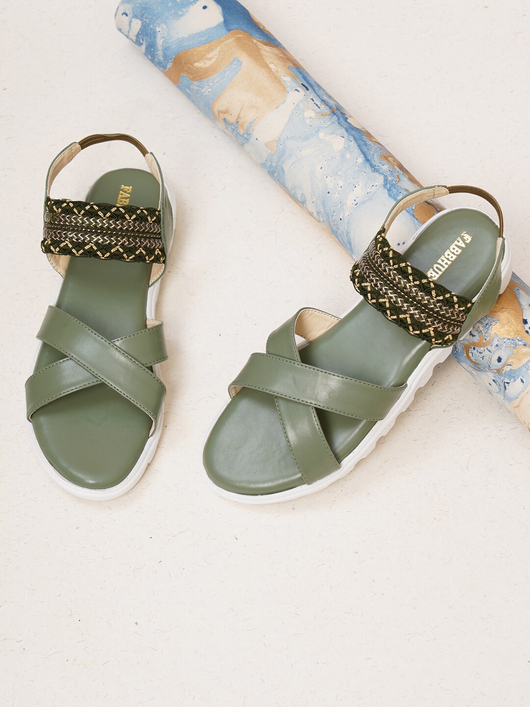 

FABBHUE Open Toe Flats With Backstrap, Green