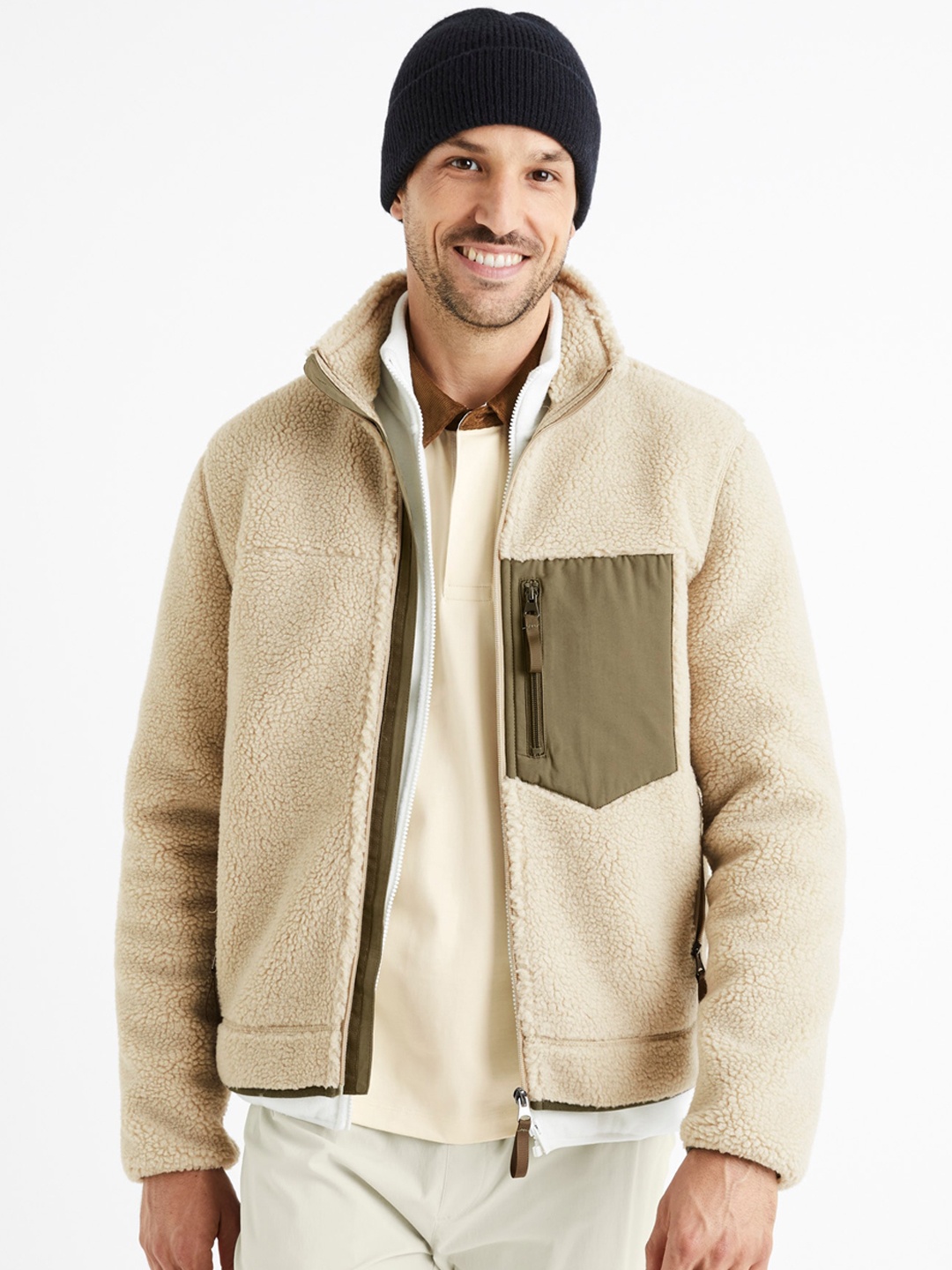 

Celio Colourblocked Zip Detail Crop Open Front Jacket, Cream