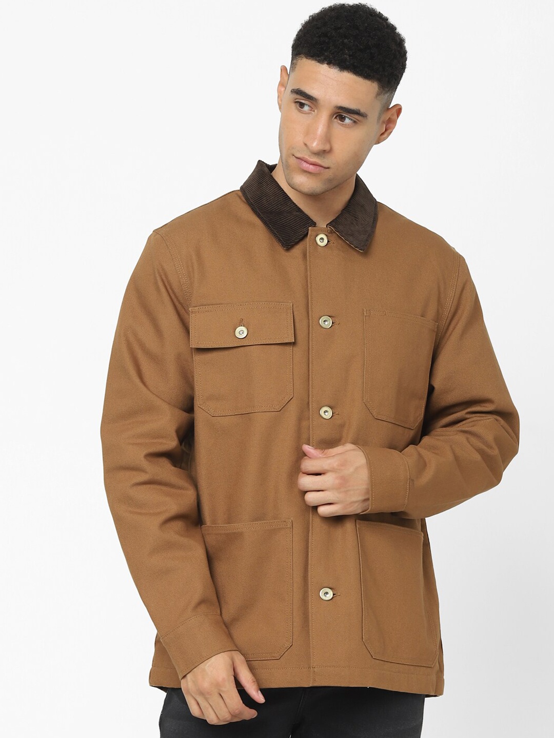 

Celio Spread Collar Long Sleeves Flap Pocket Detail Cotton Tailored Jacket, Camel brown