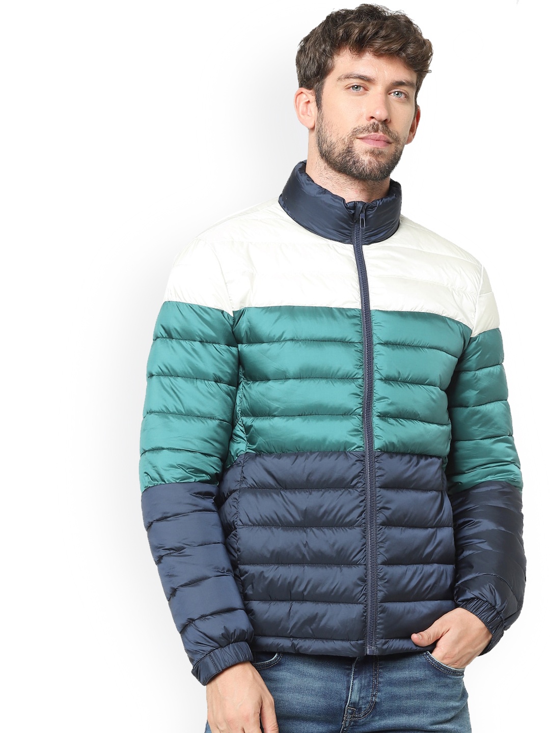 

Celio Colourblocked Mock Collar Puffer Jacket, Blue