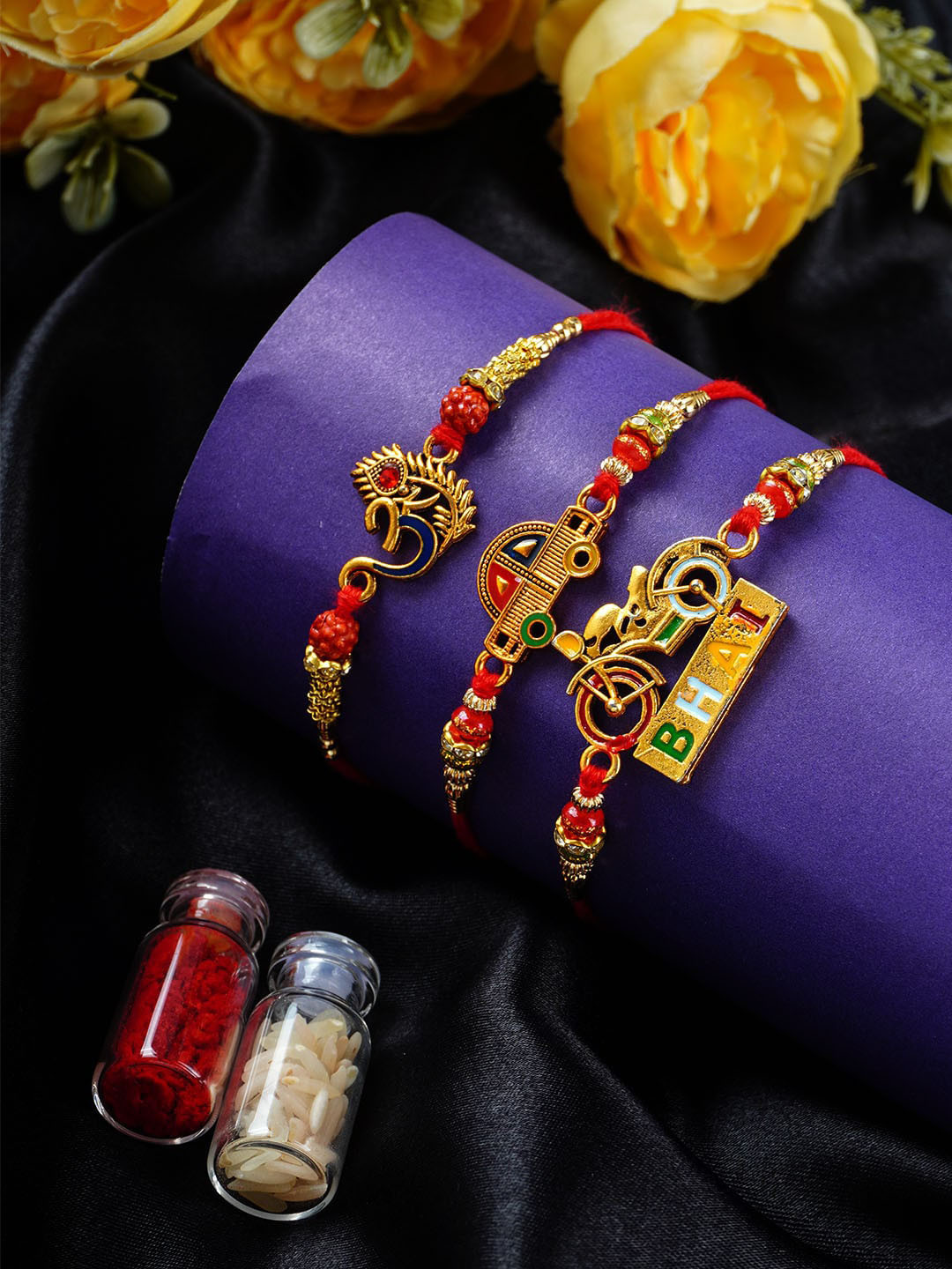 

Urmika Set Of 3 Beaded Thread Rakhis, Gold