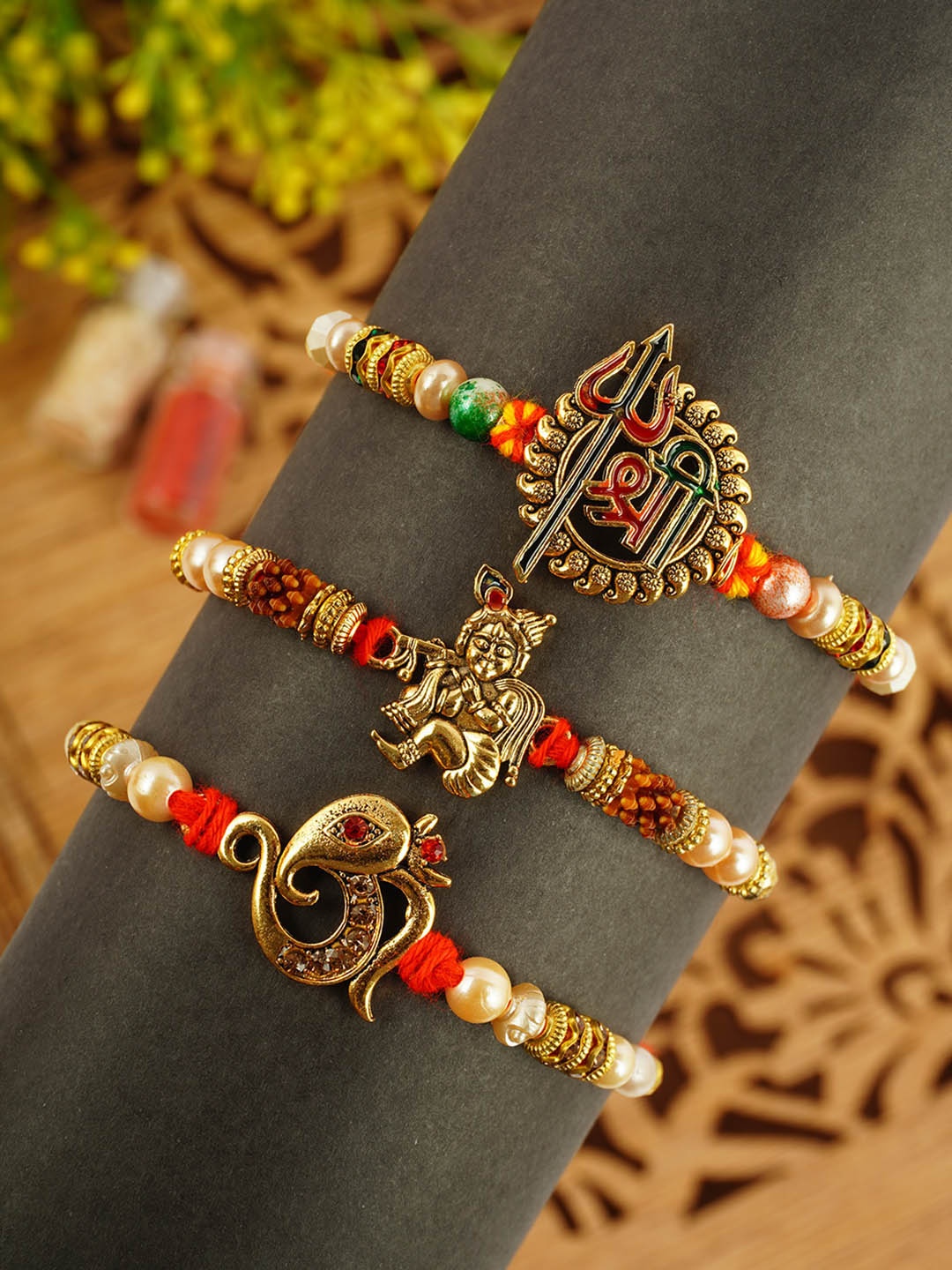 

Urmika Set Of 3 Beaded Thread Rakhis, Gold