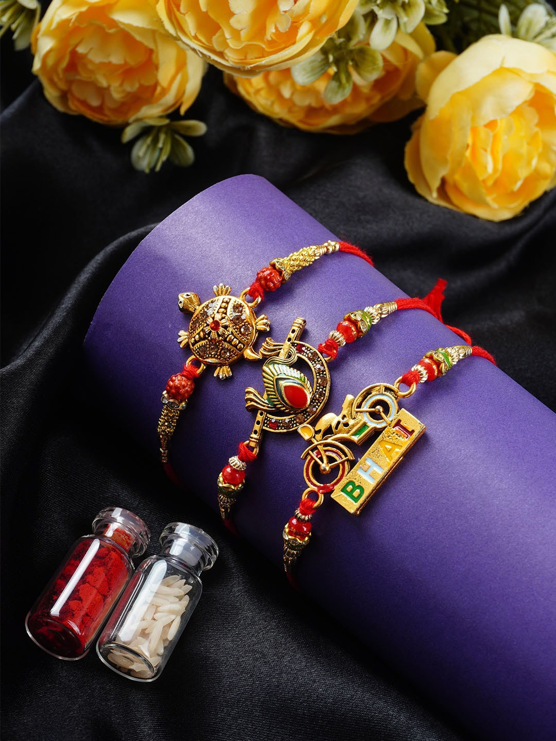 

Urmika Set Of 3 Charm Beaded Thread Rakhis, Gold