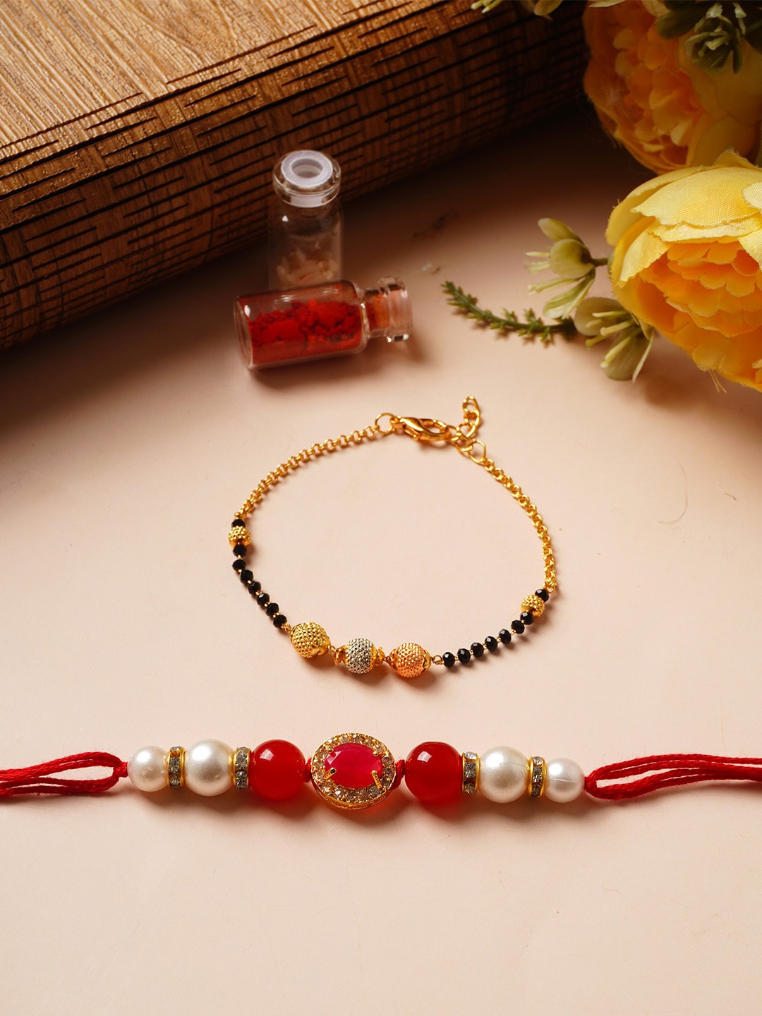 

Urmika Set of 2 Bhaiya Bhabhi Rakhis with Roli Chawal, Gold