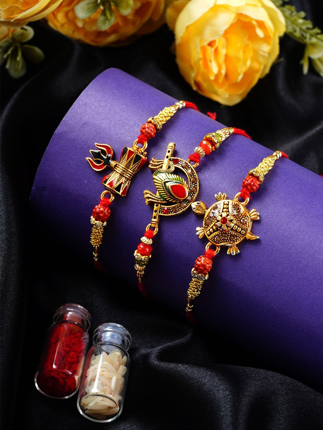 

Urmika Unisex Set Of 3 Beaded Thread Rakhis, Gold
