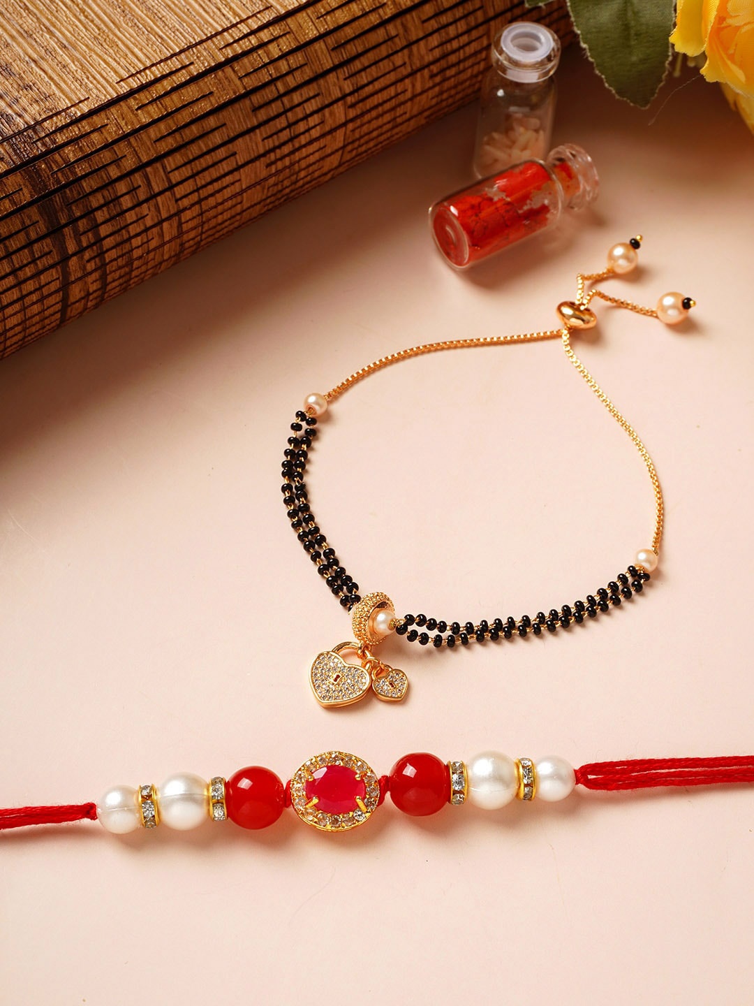 

Urmika Unisex Set Of 2 Antique Bhaiya Bhabhi Rakhi With Roli Chawal, Gold