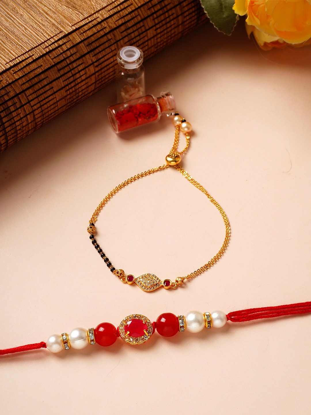 

Urmika Unisex Set Of 2 Bhaiya Bhabhi Rakhi With Roli Chawal, Gold