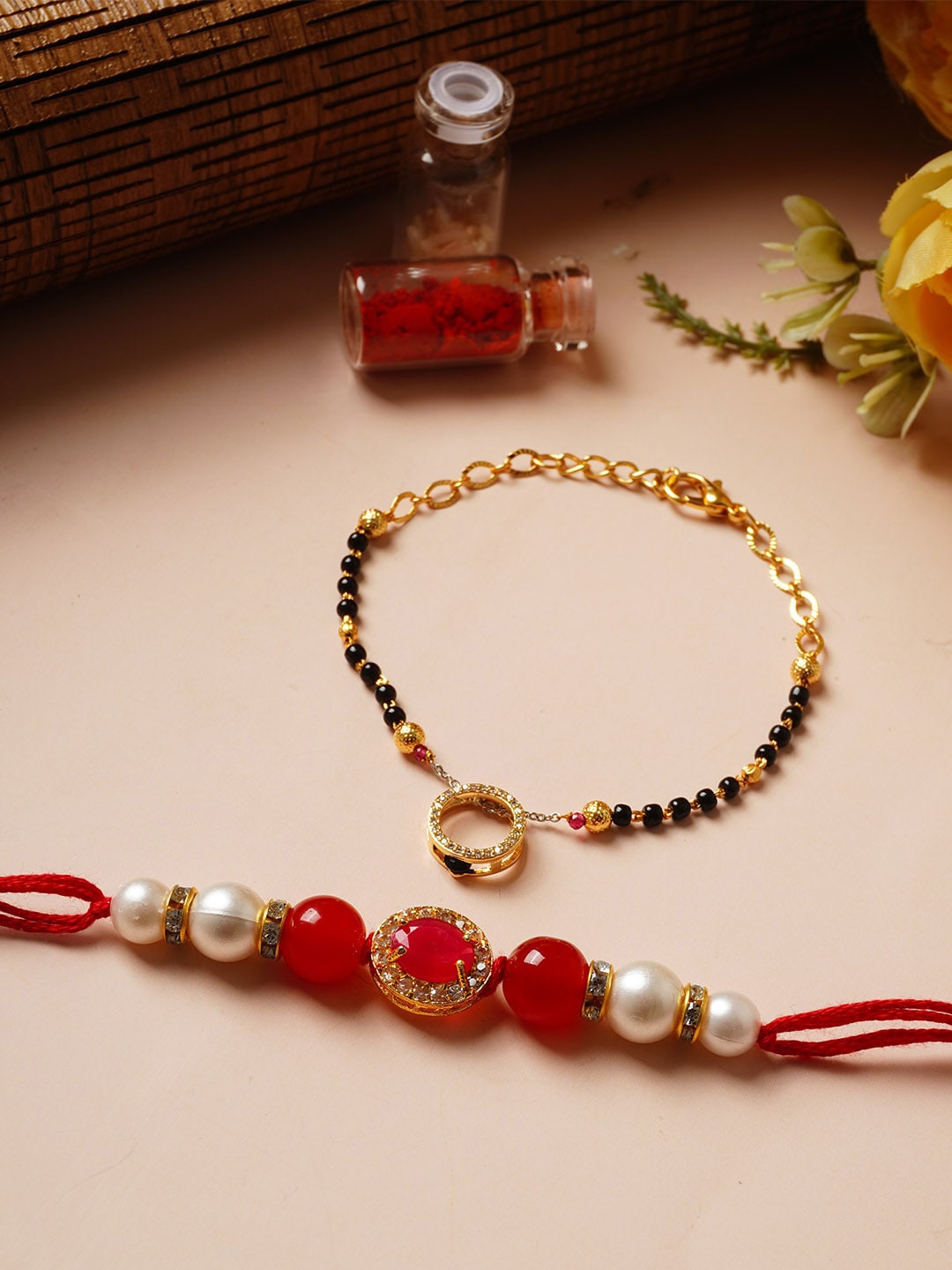 

Urmika Unisex Set Of 2 Bhaiya Bhabhi Rakhi With Roli Chawal, Gold