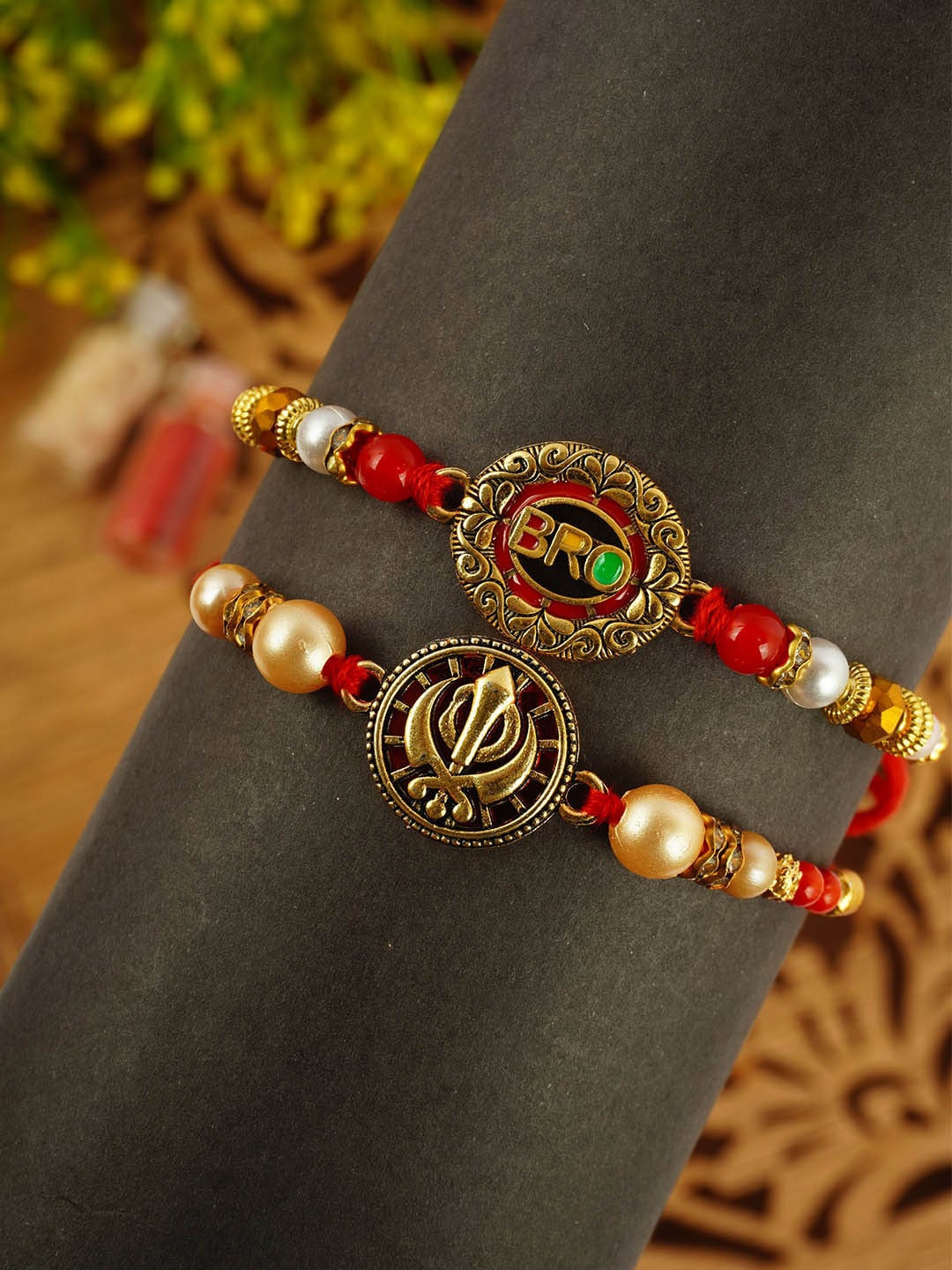 

Urmika Unisex Set Of 2 Beaded Thread Rakhis, Red