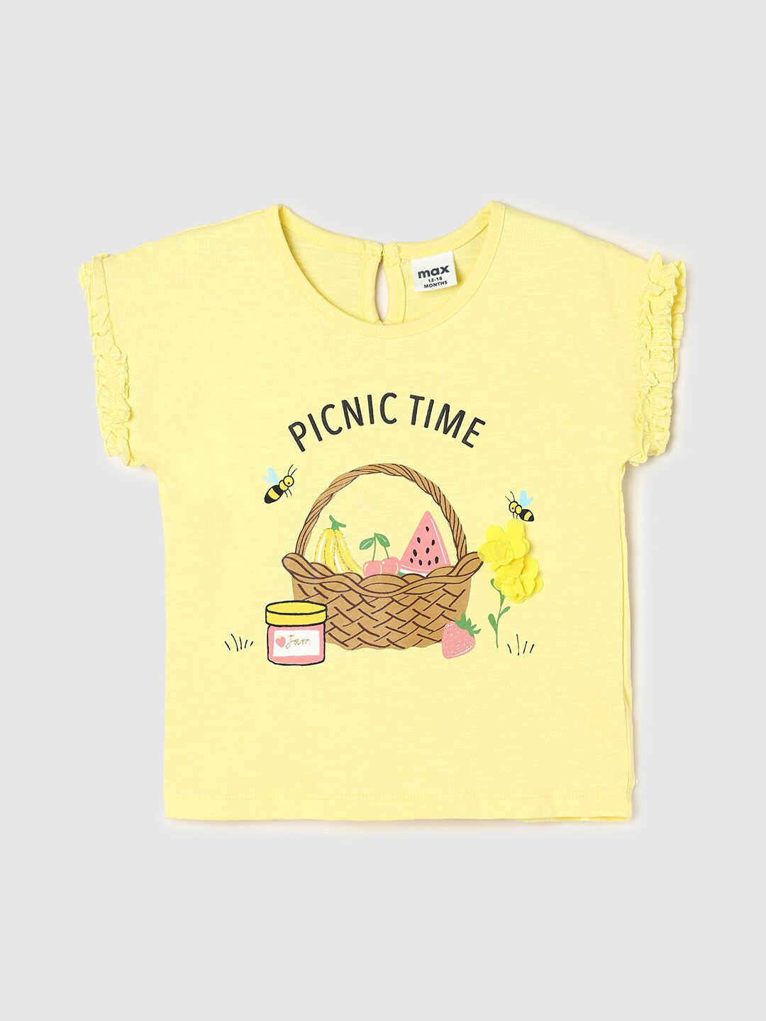 max Infant Girls Graphic Printed Cap Sleeves Casual Pure Cotton Top, Yellow