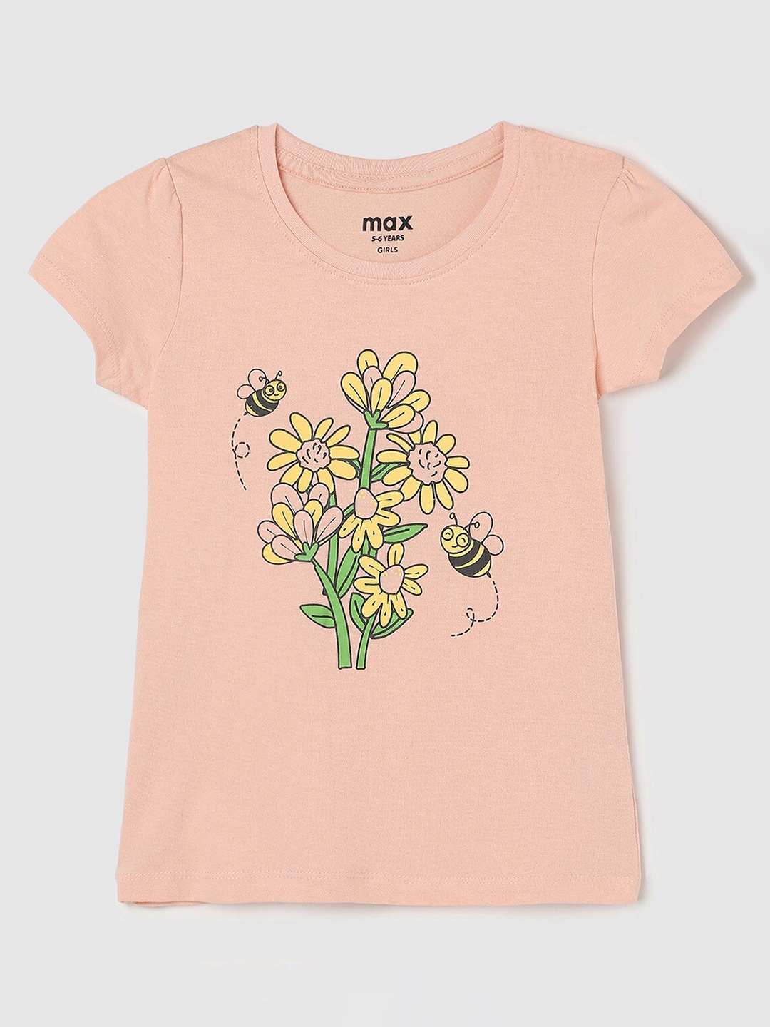 max Girls Floral Printed Cap Sleeves Pure Cotton T-Shirt, Peach