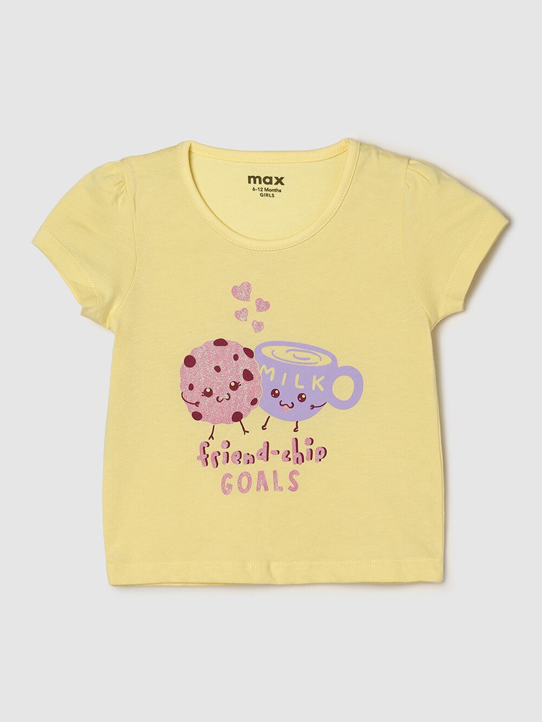 

max Girls Graphic Printed Cap Sleeves Cotton T-Shirt, Yellow