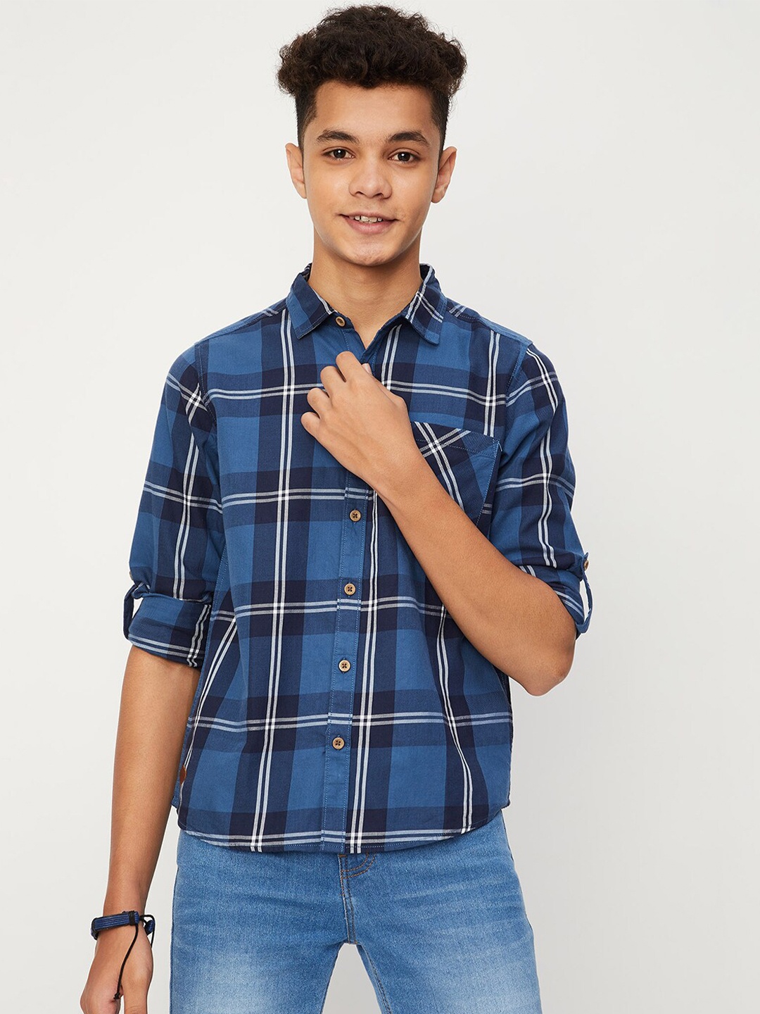 

max Boys Tartan Checked Pure Cotton Casual Shirt, Blue