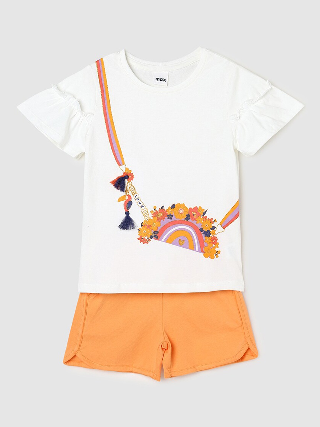 

max Girls Graphic Printed Pure Cotton Top With Shorts, White