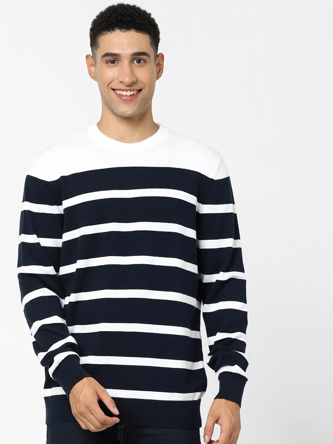

Celio Ribbed Striped Cotton Pullover, Navy blue
