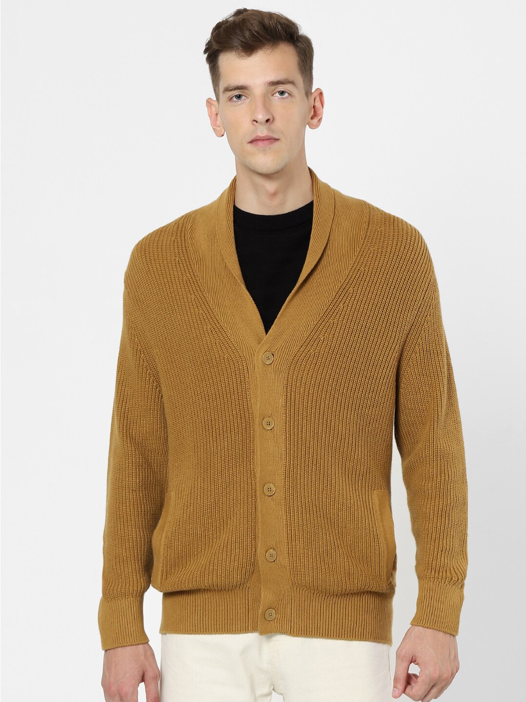 

Celio Self Design Cable Knit Cotton Cardigan Sweater, Brown