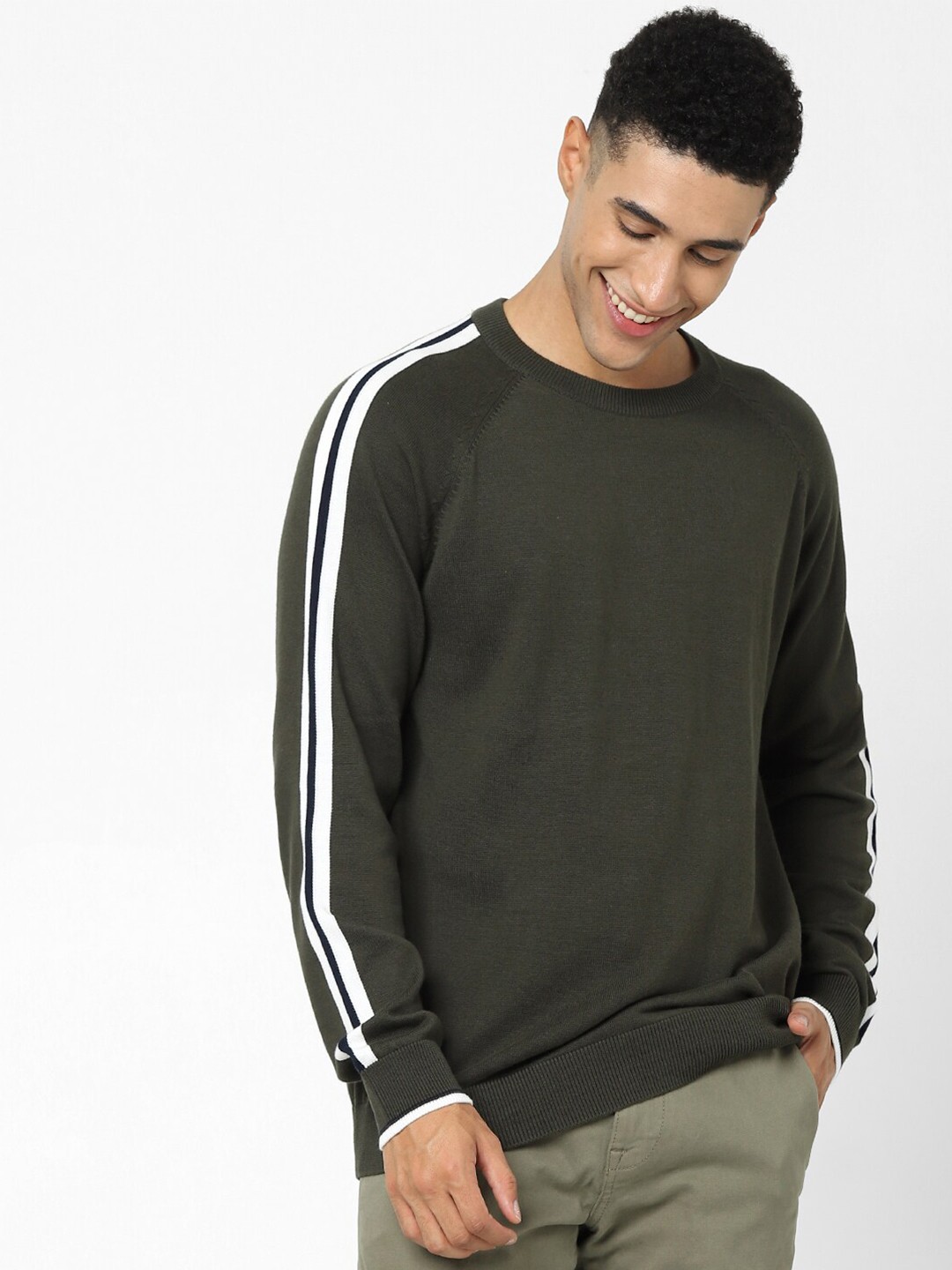 

Celio Striped Detail Sleeves Cotton Pullover Sweatshirt, Olive