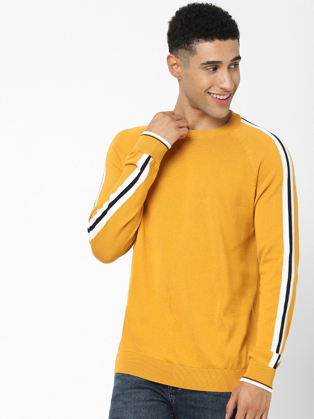 

Celio Striped Detail Sleeves Cotton Pullover Sweatshirt, Mustard