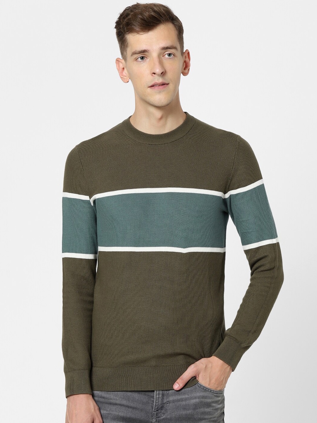 

Celio Colourblocked Cotton Pullover, Khaki