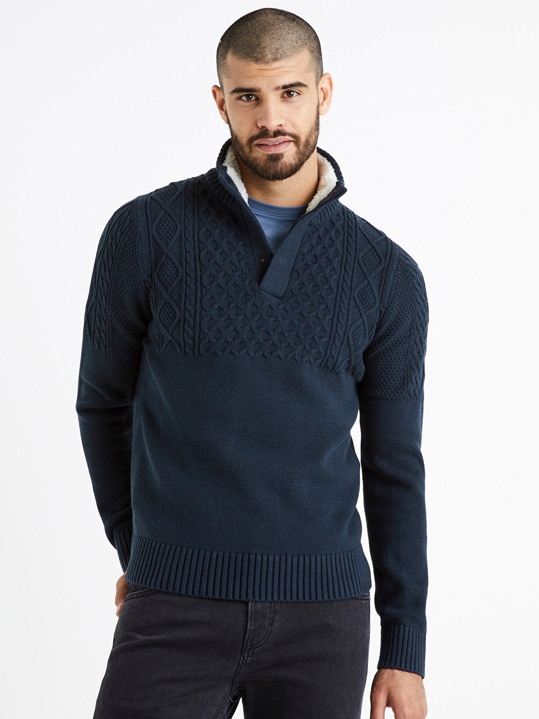

Celio Cable Knit Spread Collar Cotton Pullover, Navy blue