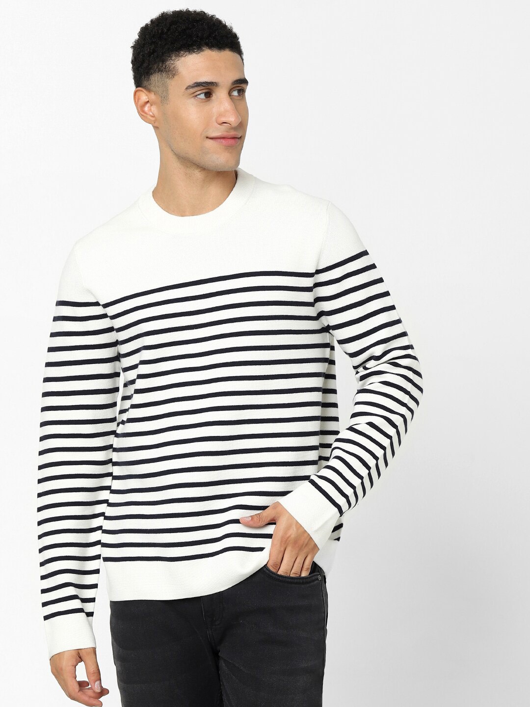 

Celio Striped Round Neck Cotton Pullover, Off white