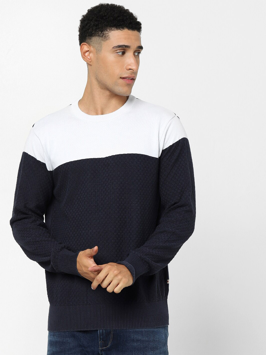 

Celio Colourblocked Cotton Pullover, Navy blue