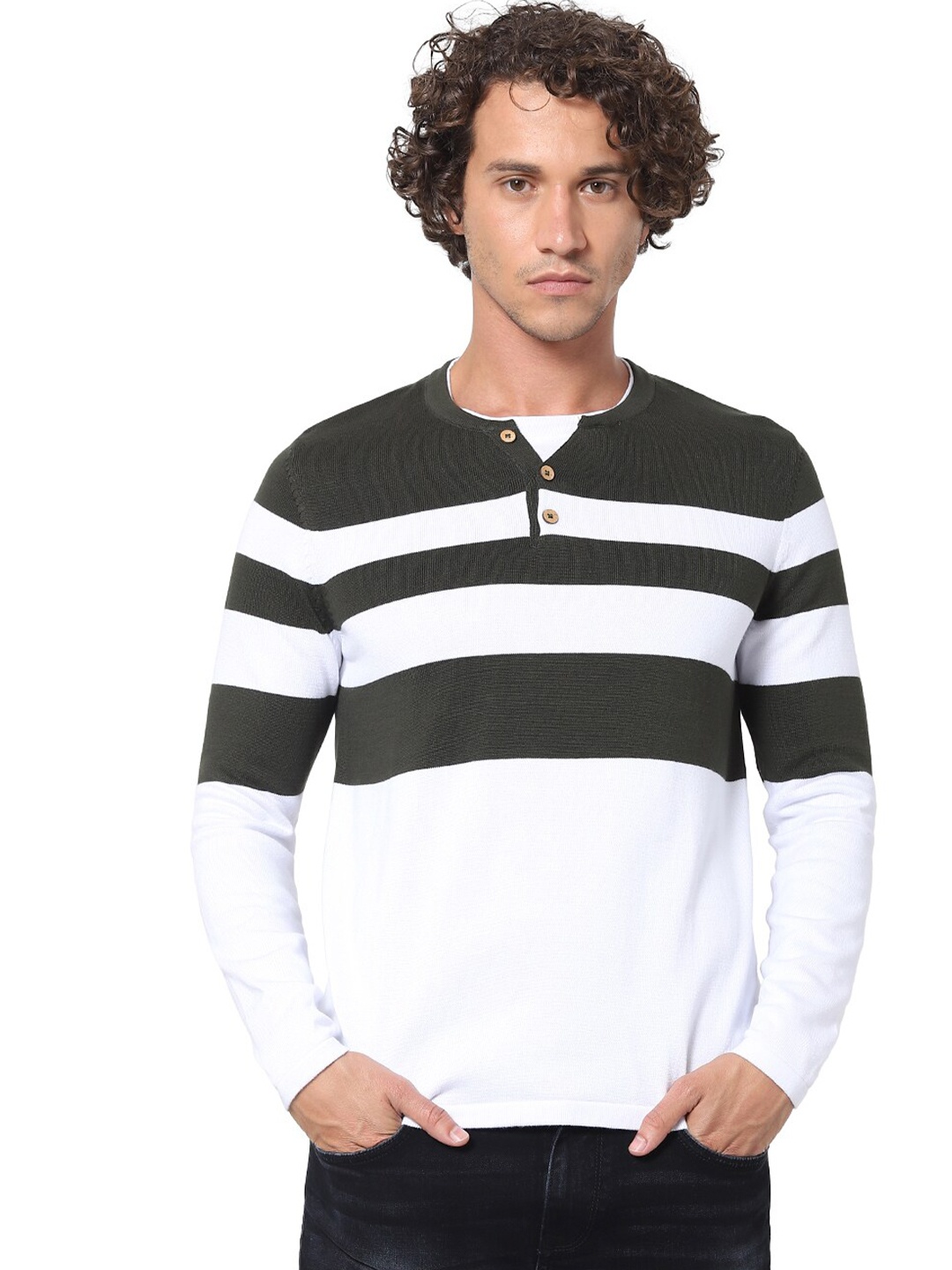 

Celio Striped Henley Neck Cotton Pullover, Olive