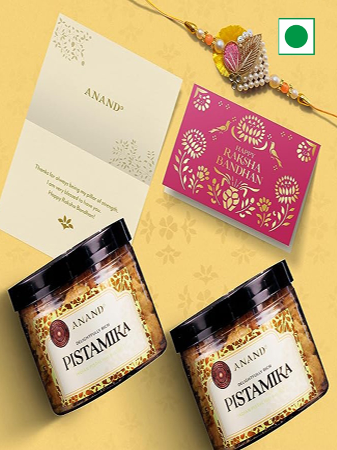 

ANAND Pack Of 3 Rakhi With Pistachio Biscotti Sweets Gifts 450 Gm Each, Brown