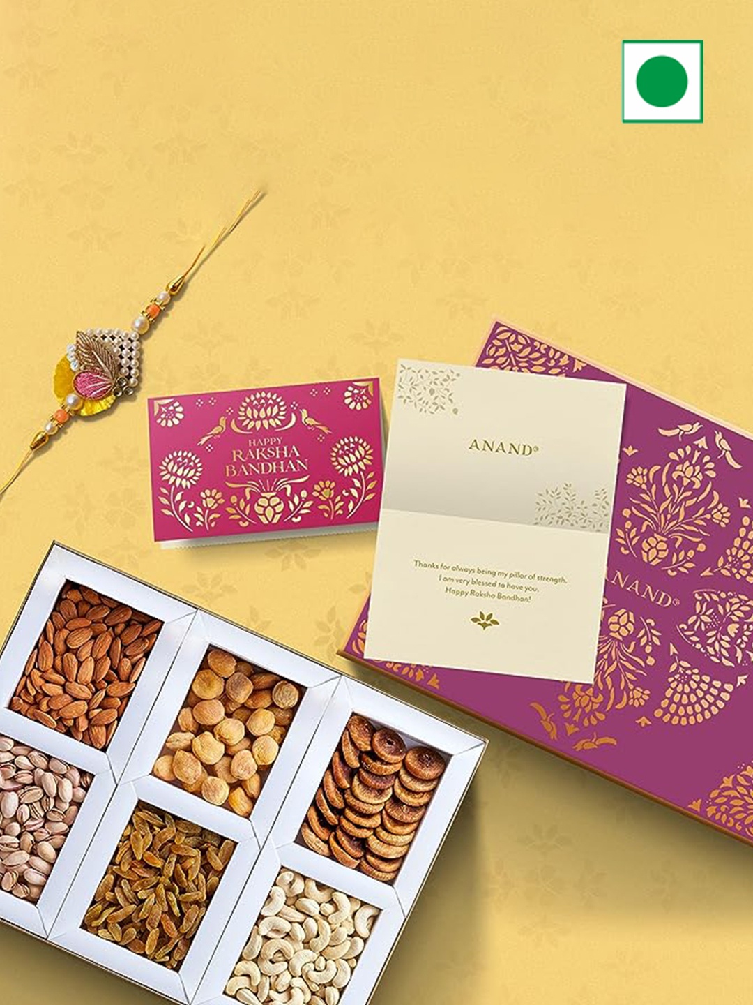 

ANAND 6 Assorted Dry Fruits Box and Greeting Card With Rakhi, Orange