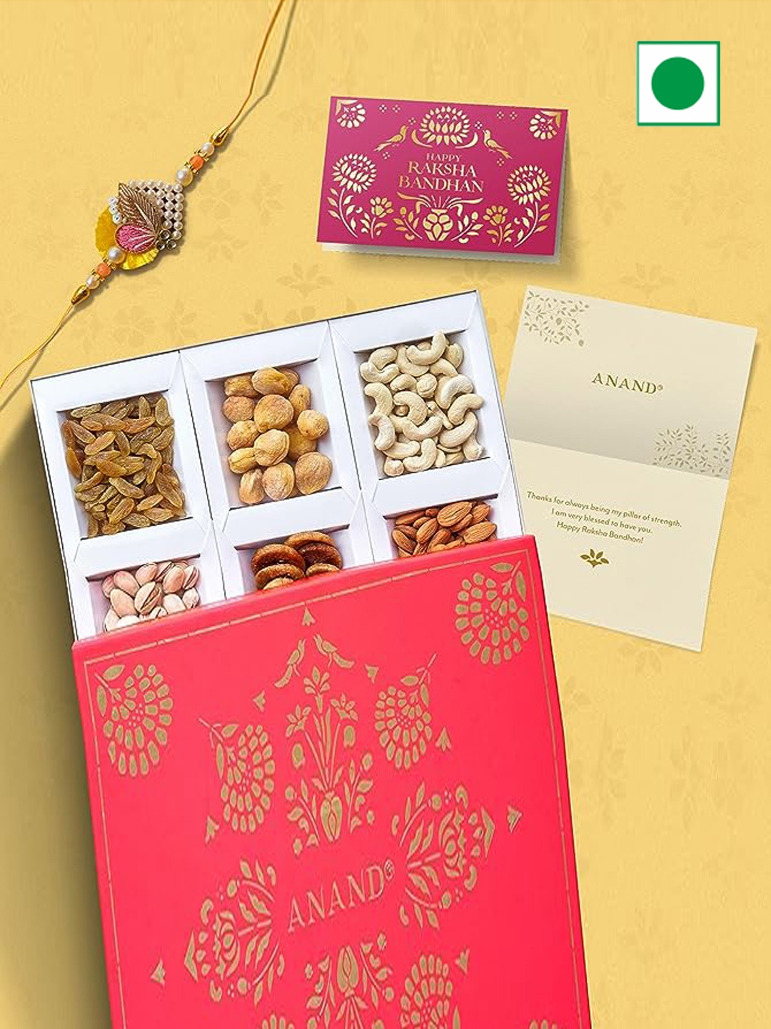 

ANAND Pearl Beaded Rakhi With Greeting Card & Dry Fruits Gift Box-450 gms, Yellow