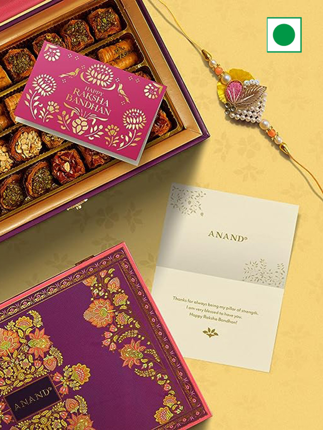 

ANAND Charmed Rakhi With Roli Chawal & Sweet Gift Set, Brown