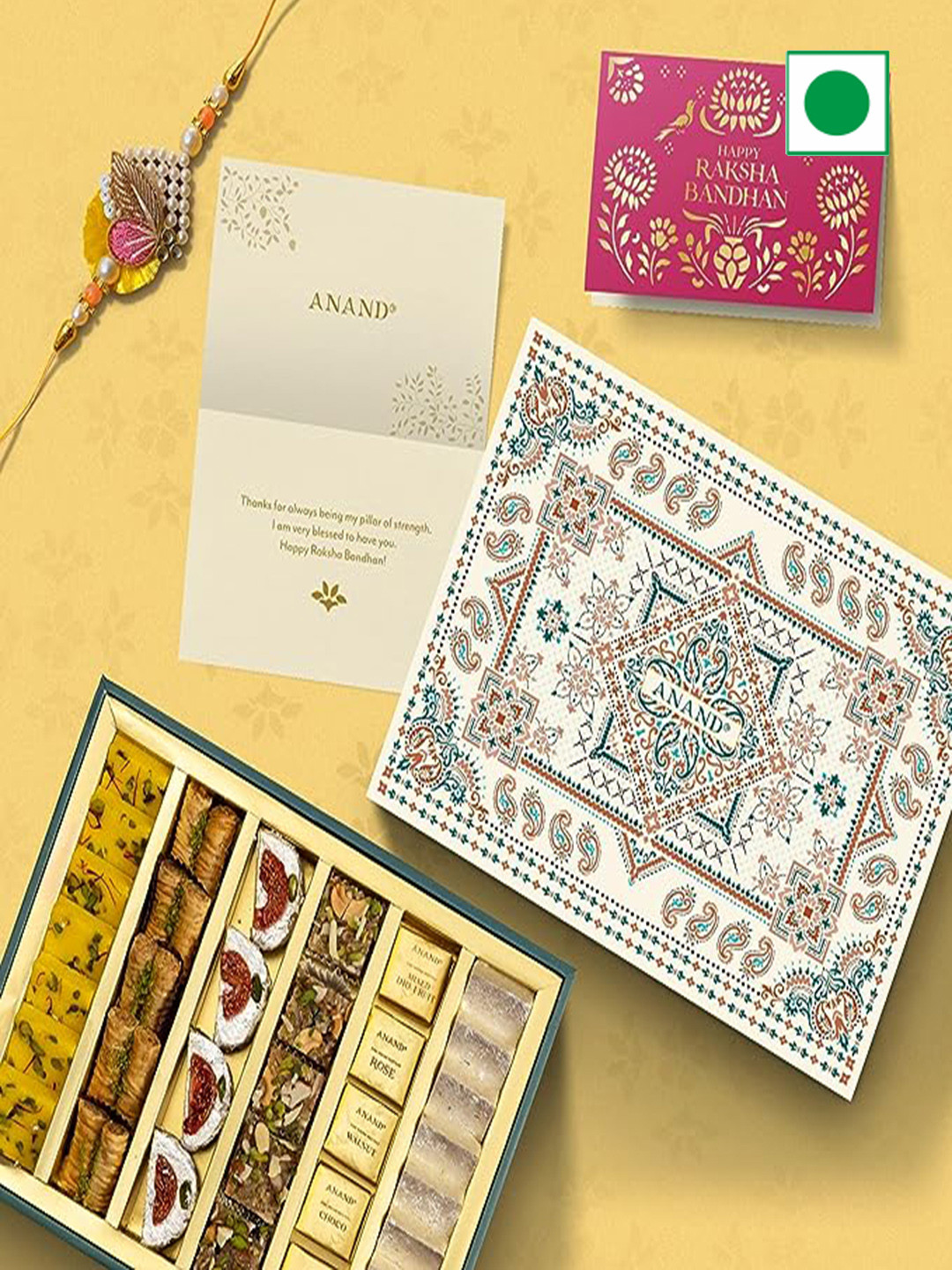 

ANAND Charmed Rakhi With Roli Chawal & Sweet Gift Set, Gold