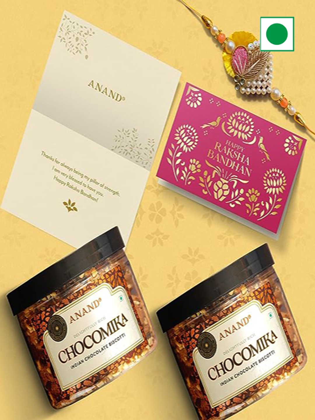 

ANAND Pearl Beaded Rakhi With Greeting Card & 2 Chocomika Gift Box-225g Each, Yellow