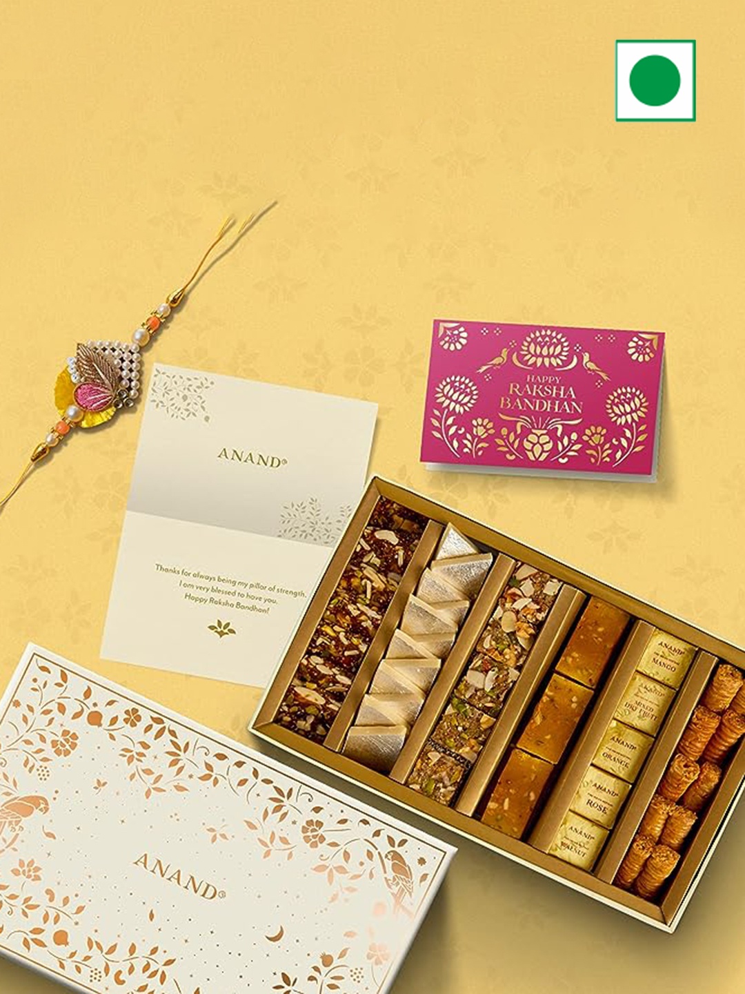 

ANAND Assorted Sweet Gift Box With Rakhi-800 gms, Gold