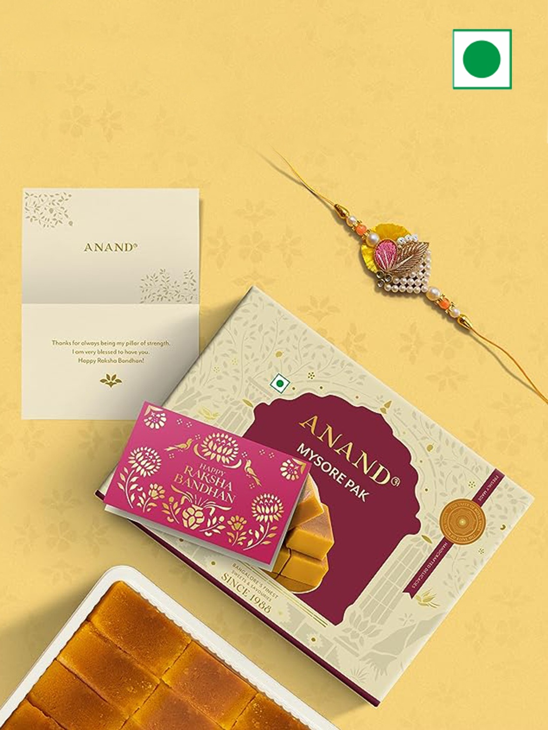 

ANAND Pure Ghee Mysore Pak With Rakhi-250 gms, Gold