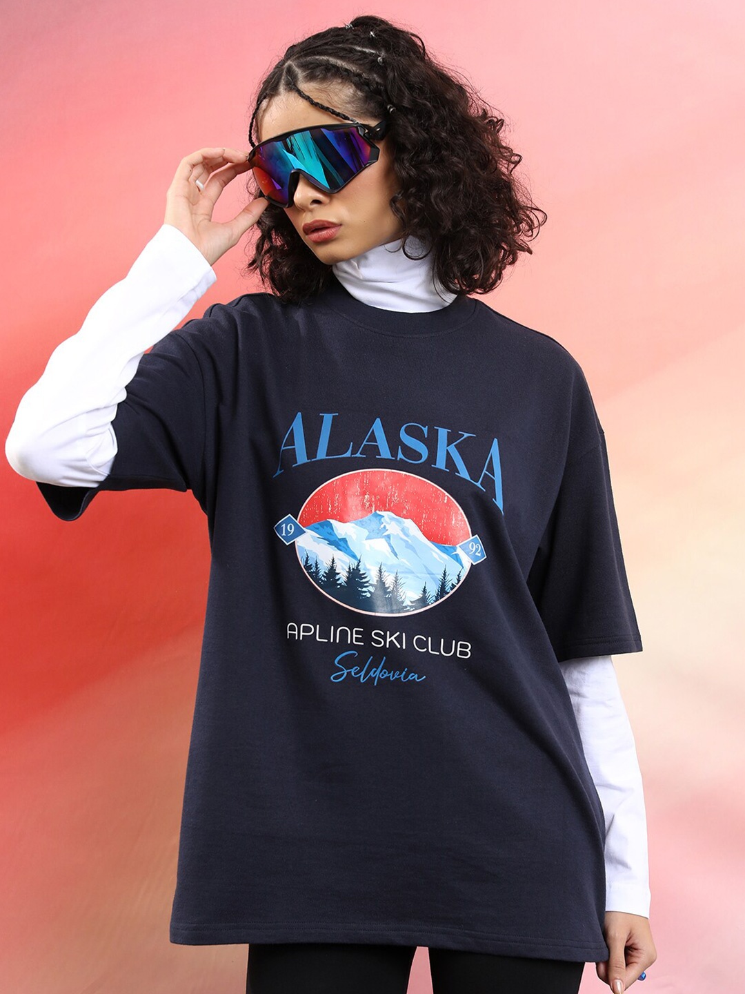 

Tokyo Talkies Oversized Graphic Printed Drop Shoulder Sleeves Casual T-Shirt, Navy blue