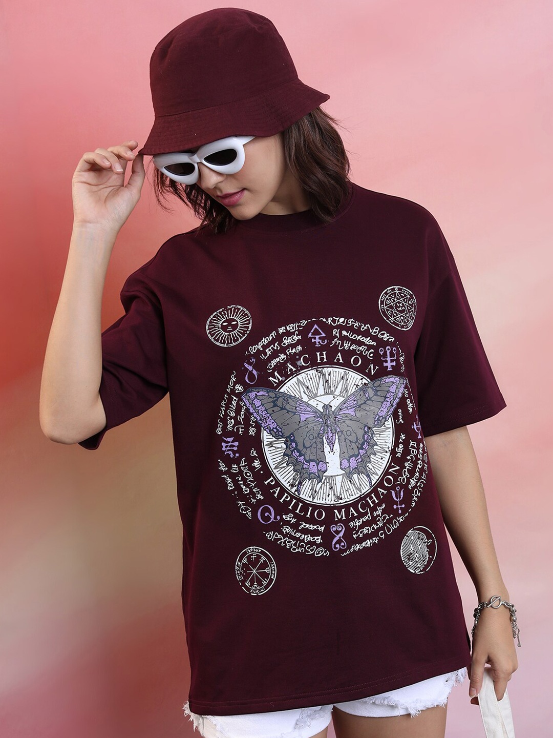 

Tokyo Talkies Graphic Printed Drop Shoulder Sleeves Oversized T-shirt, Burgundy