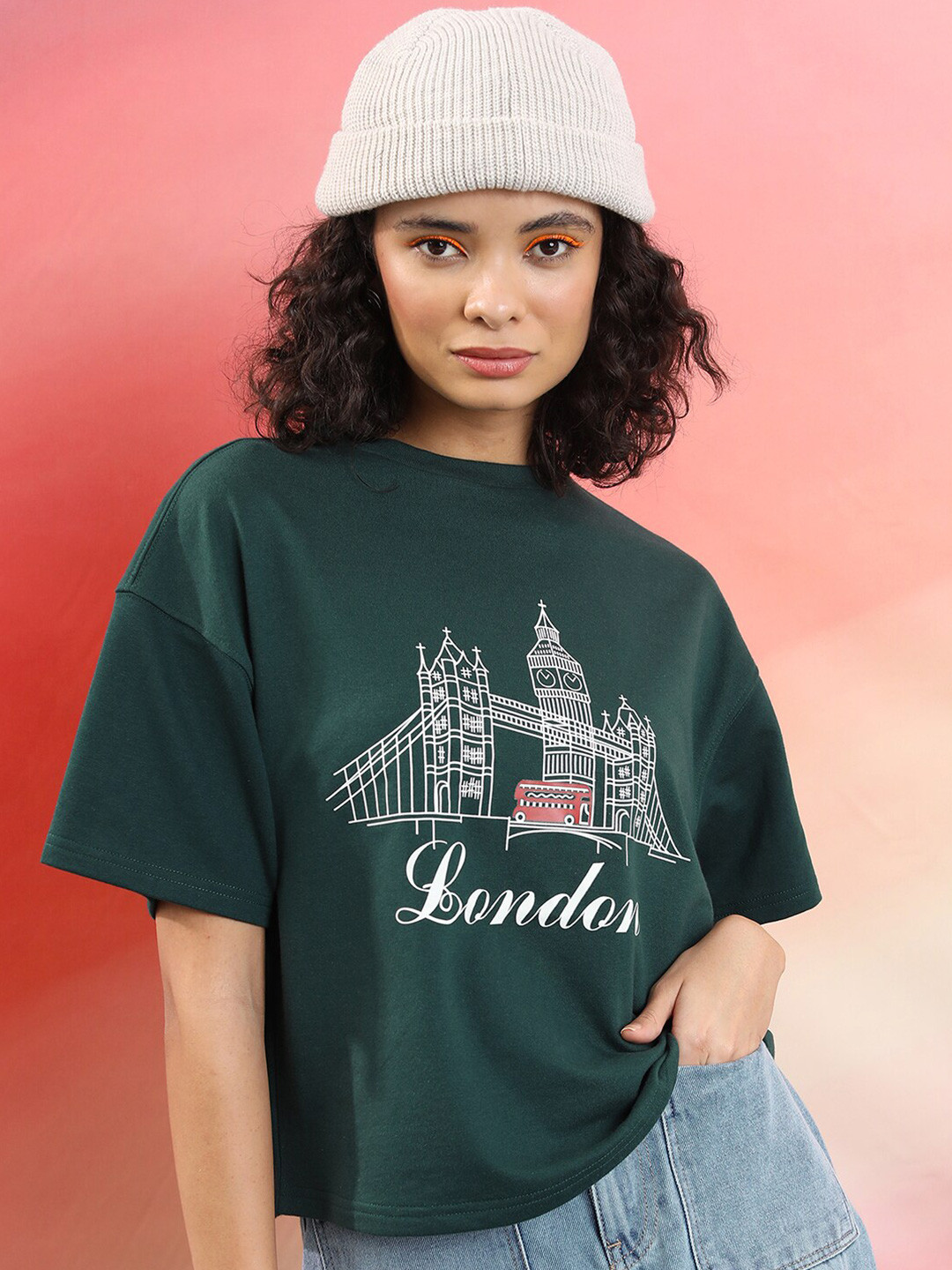 

Tokyo Talkies Graphic Printed Round Neck Oversized T-shirt, Green