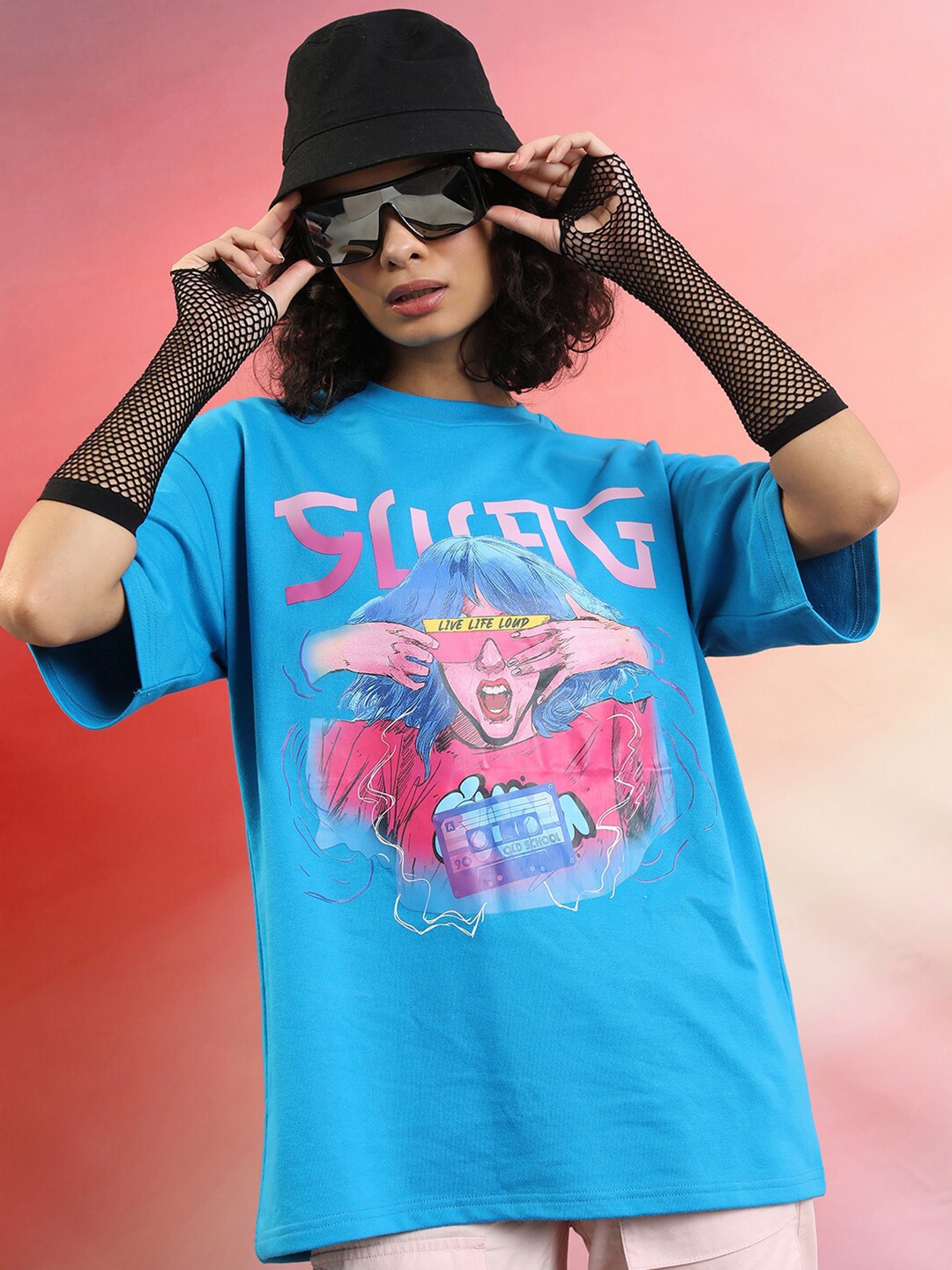 

Tokyo Talkies Graphic Printed Drop Shoulder Sleeves Oversized T-shirt, Blue