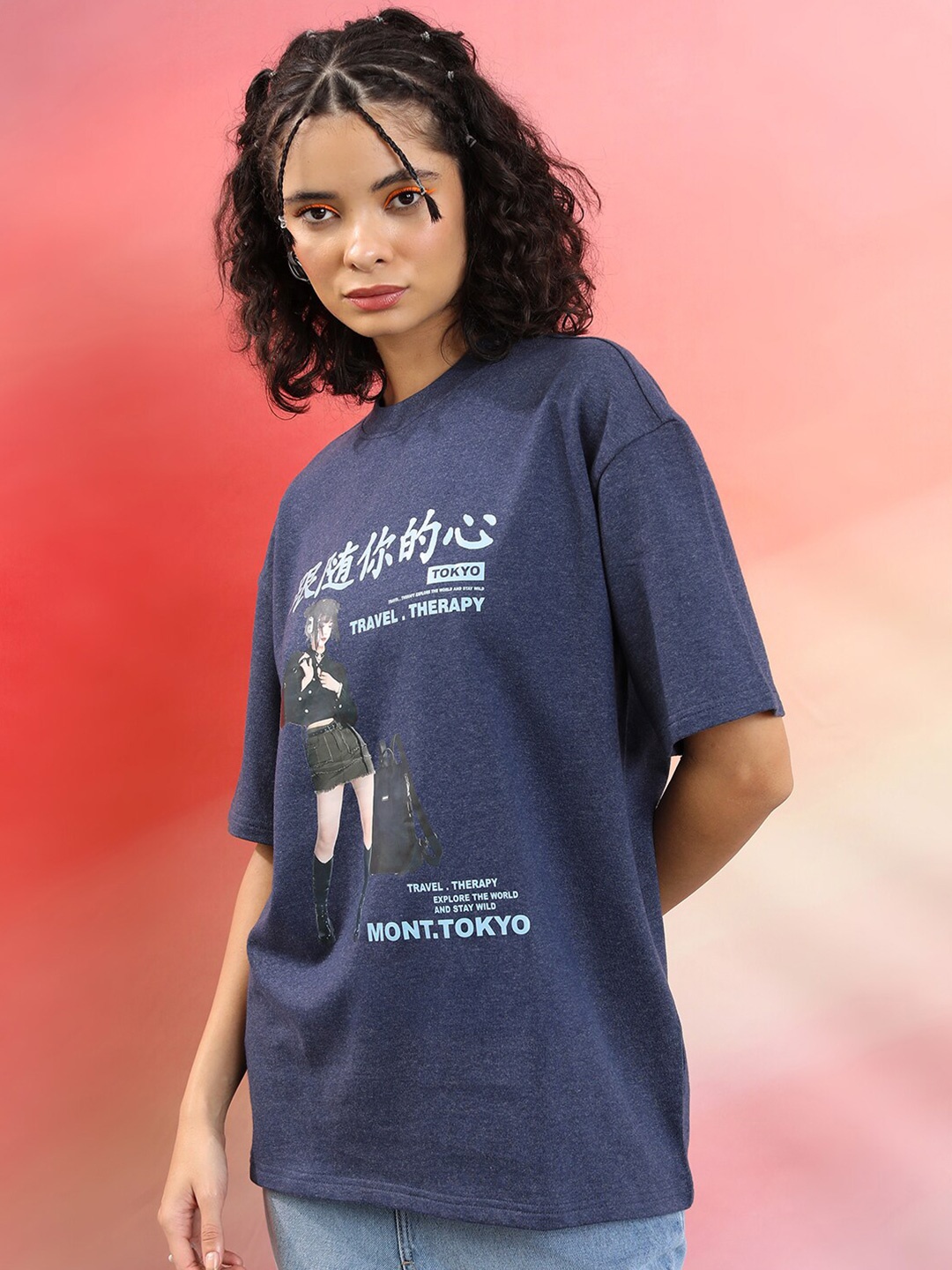 

Tokyo Talkies Oversized Graphic Printed Drop Shoulder Sleeves Casual T-Shirt, Navy blue